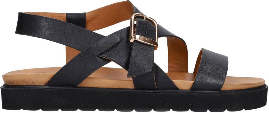 Manfield Dames Zwarte leren sandalen met plateauzool