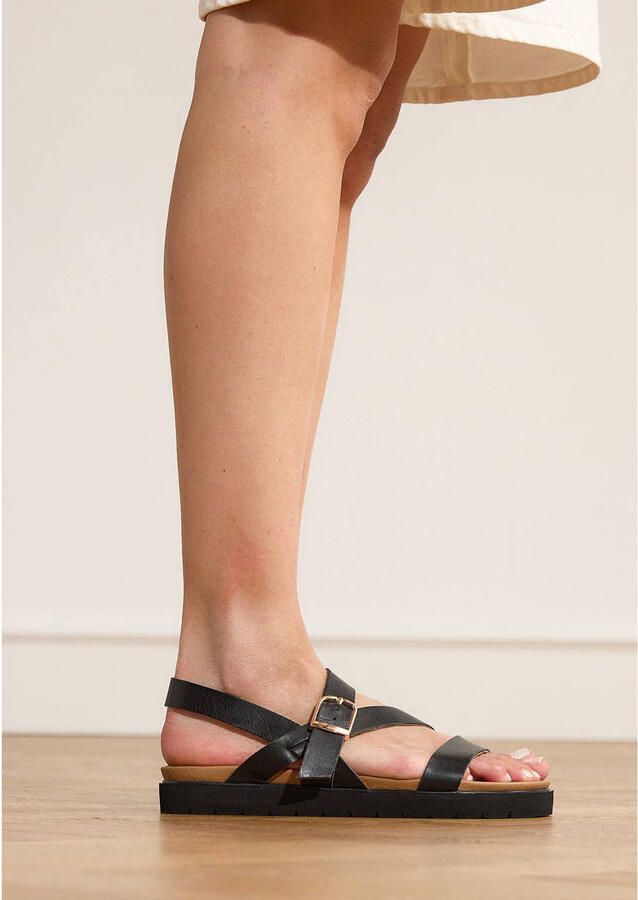 Manfield Dames Zwarte leren sandalen met plateauzool - Foto 2