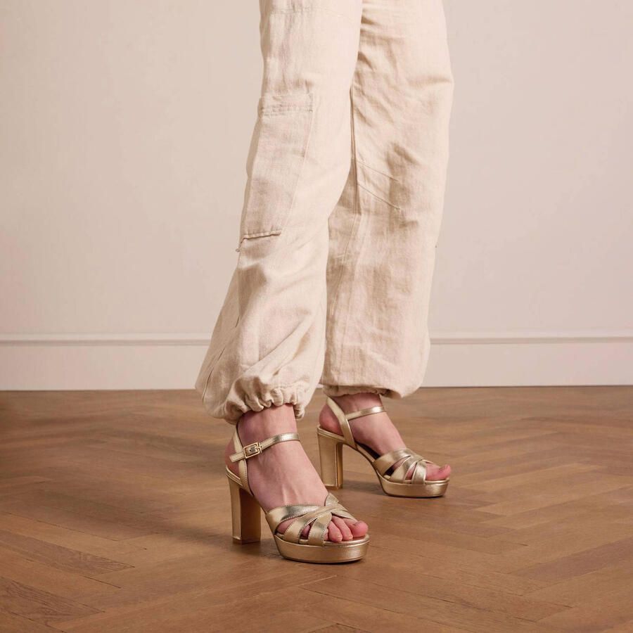 Manfield Dames Goudkleurige leren sandalen met hak - Foto 2