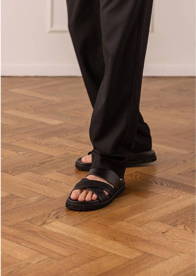 Manfield Heren Zwarte leren slippers - Foto 2