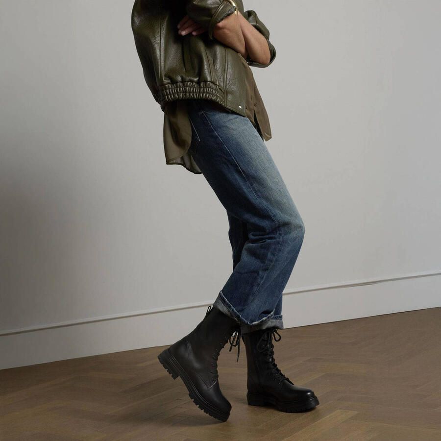 Manfield Dames Zwarte leren biker boots met veters