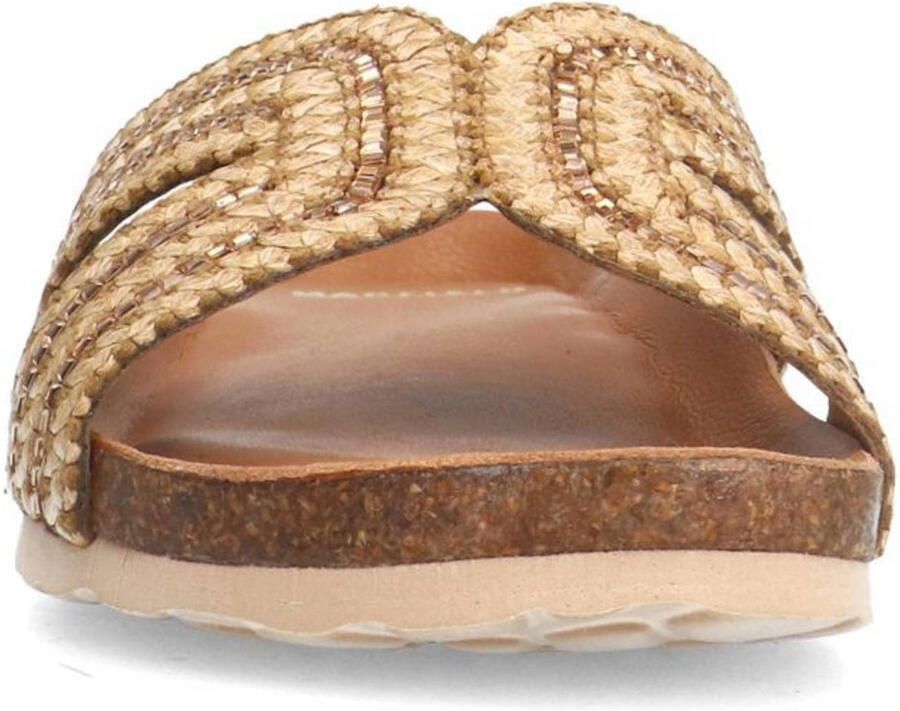 Manfield Dames Beige raffia slippers met glittersteentjes