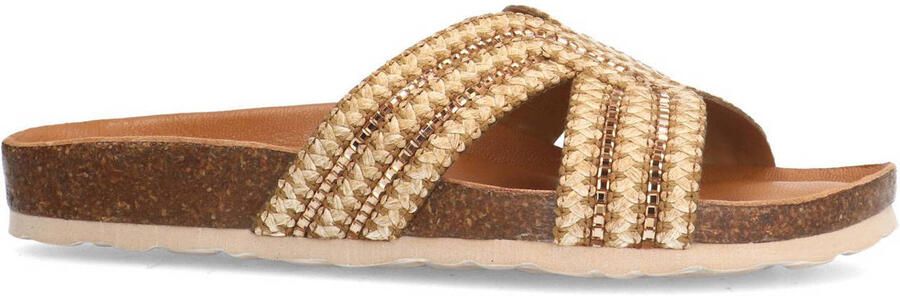 Manfield Dames Beige raffia slippers met glittersteentjes - Foto 2