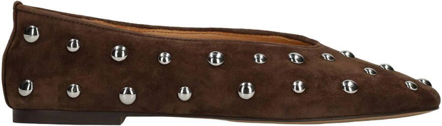 Manfield Dames Donkerbruine suède ballerina's met zilveren studs