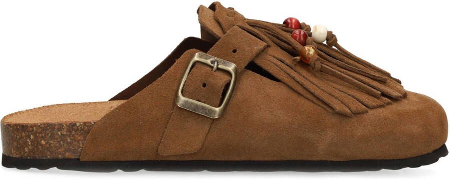 Manfield Dames Bruine suède clogs met franjes