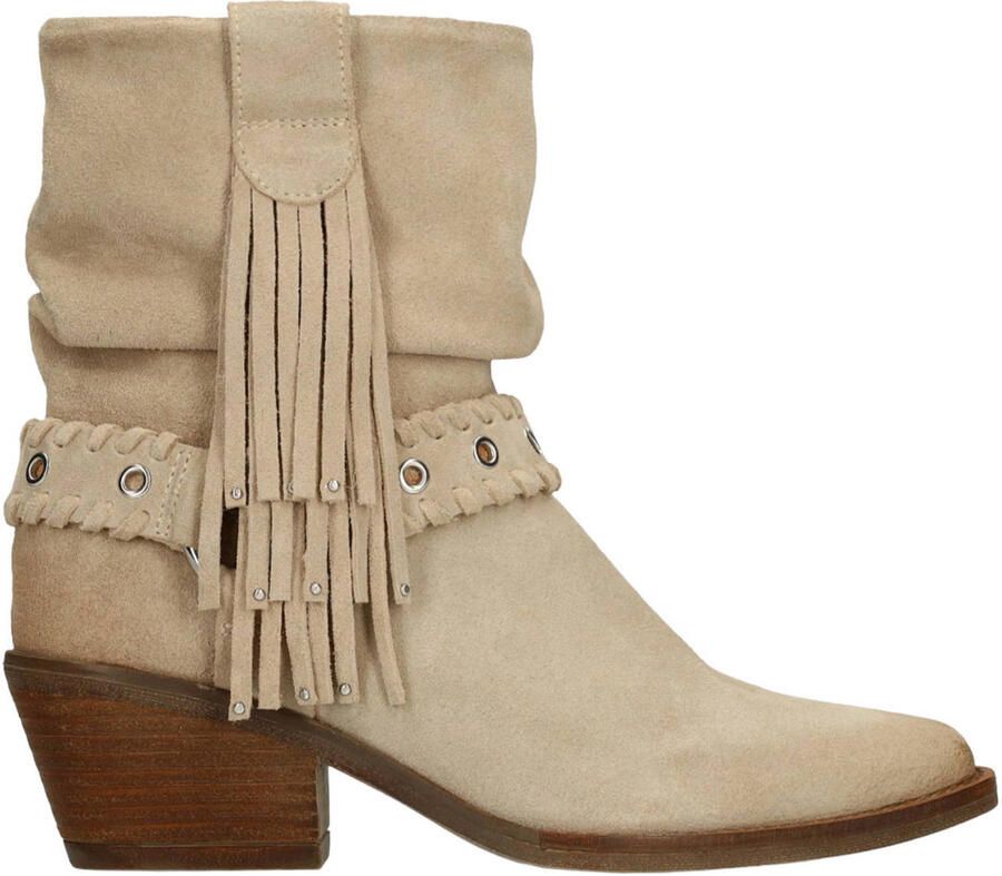 Manfield Dames Beige suède enkellaarsjes met franjes