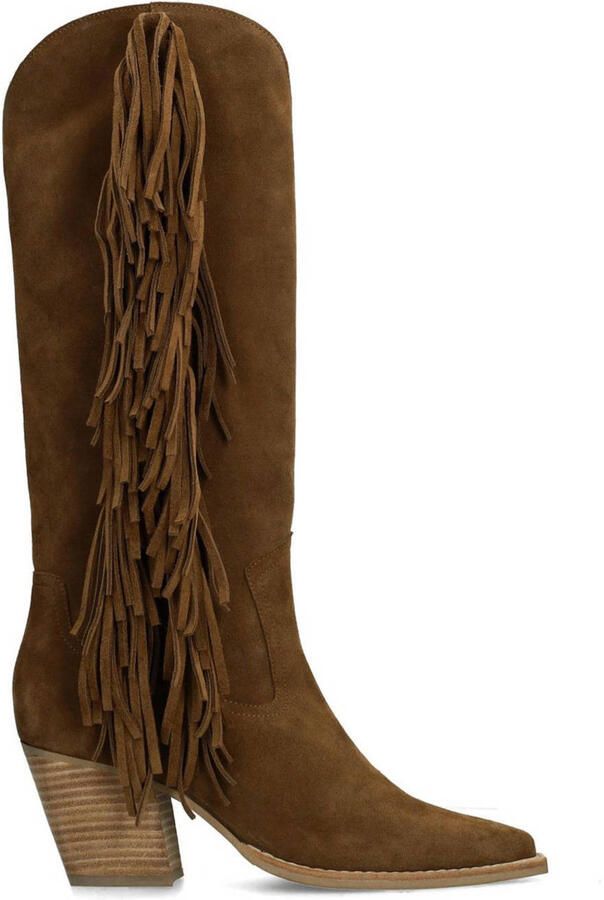 Manfield Dames Bruine suède hoge cowboy laarzen met franjes