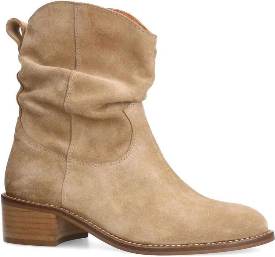 Manfield Dames Beige suède enkellaarsjes met hak