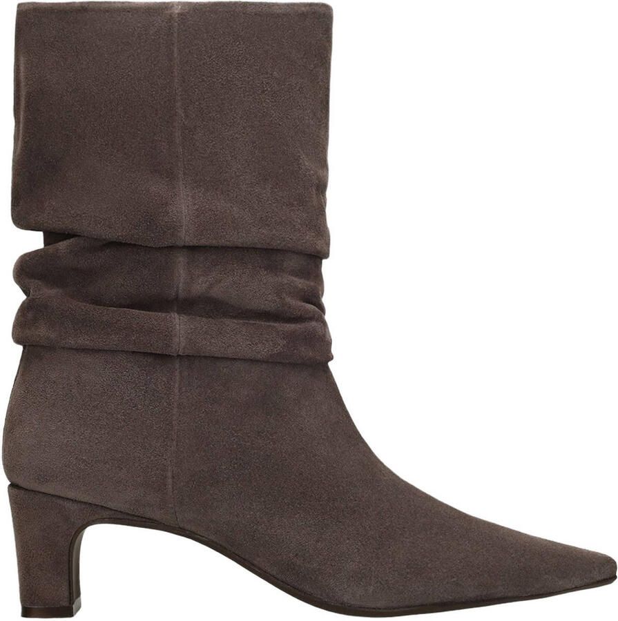 Manfield Dames Grijze suède slouchy enkellaarsjes met hak