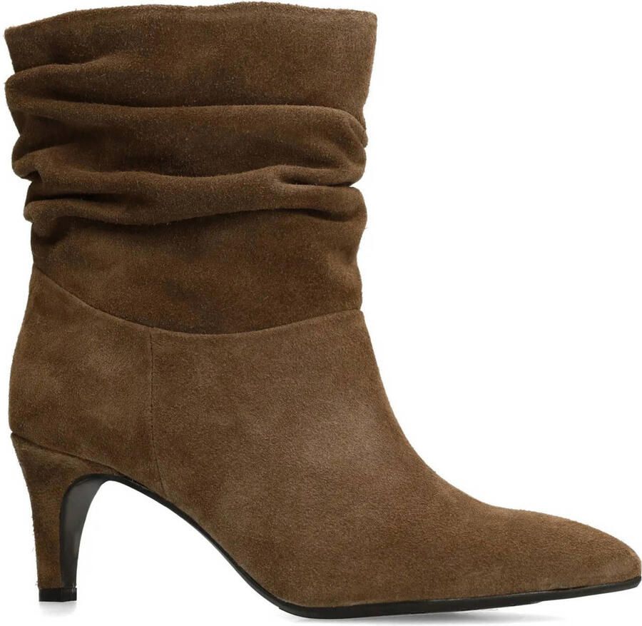 Manfield Dames Taupe suède enkellaarsjes met hak