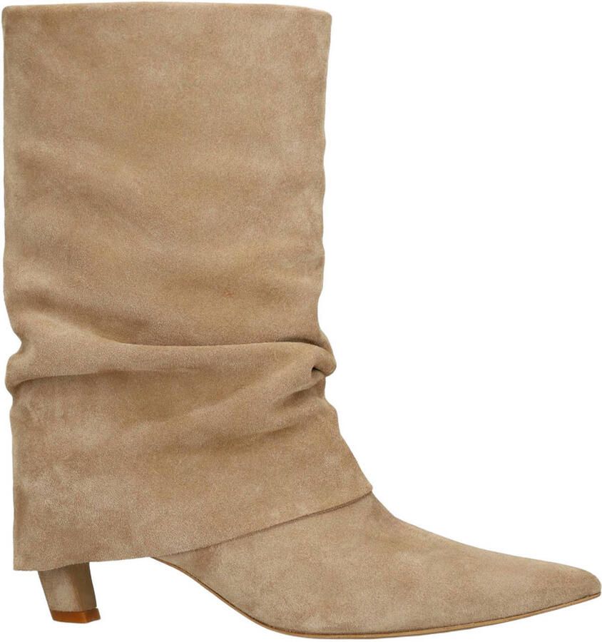 Manfield Dames Beige suède enkellaarsjes met flap