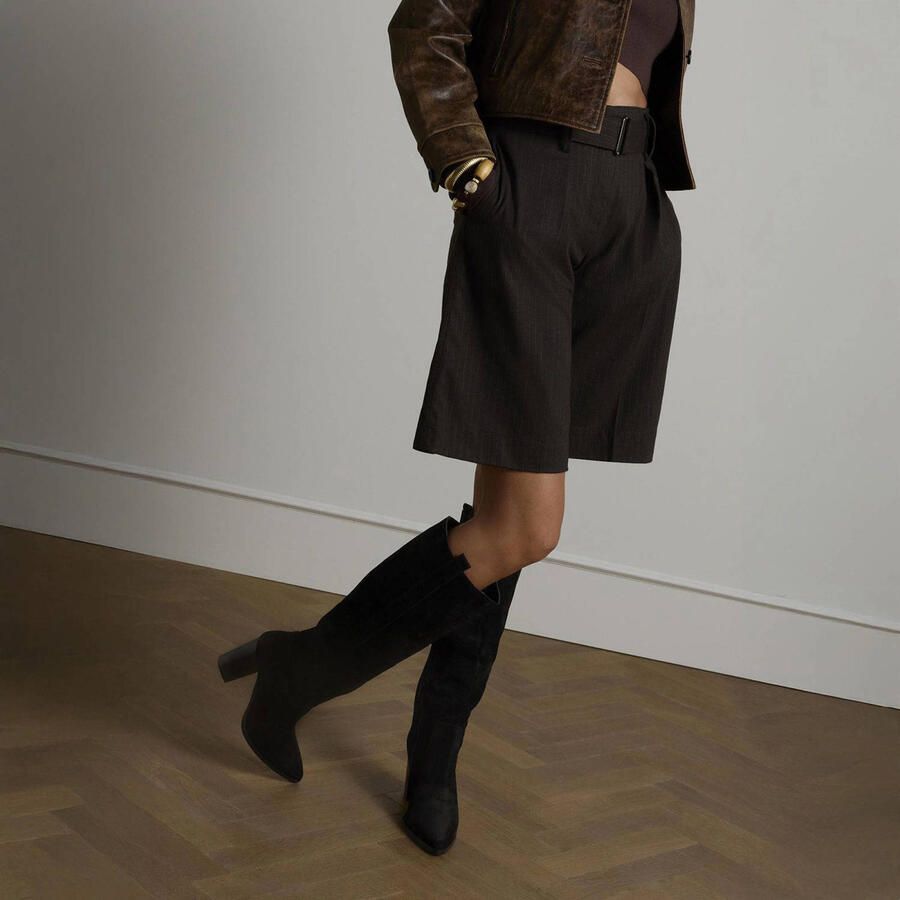 Manfield Dames Zwarte suède hoge laarzen met hak