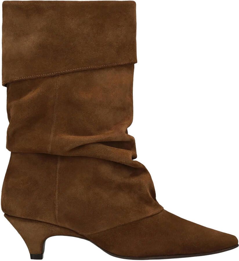 Manfield Dames Cognac suède slouchy enkellaarsjes met hak
