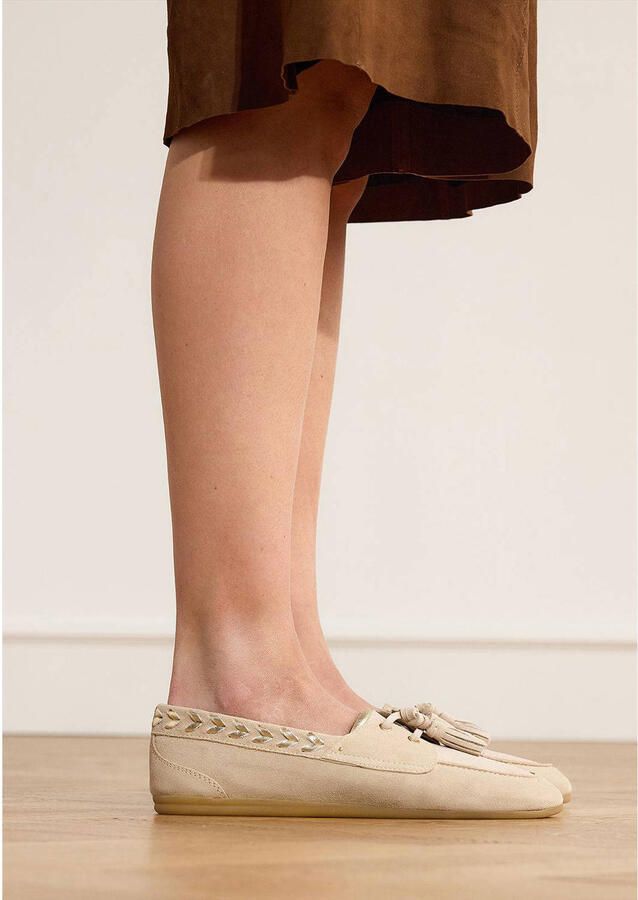Manfield Dames Beige suède loafers met kwastjes - Foto 3
