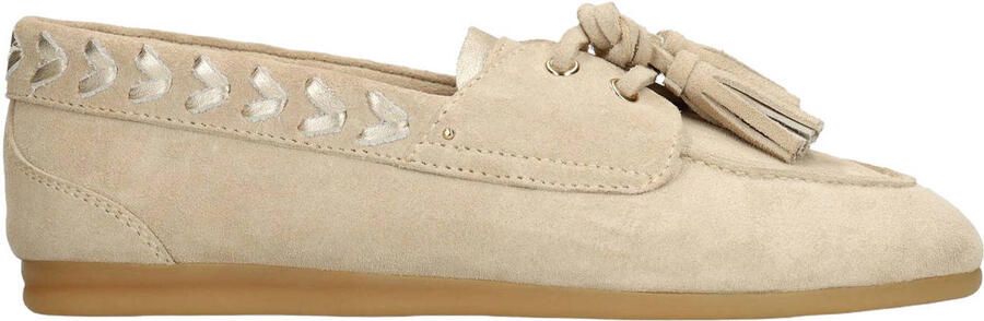 Manfield Dames Beige suède loafers met kwastjes