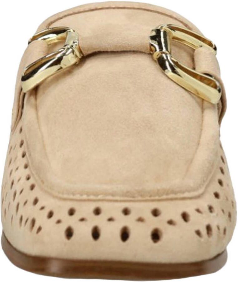 Manfield Dames Beige leren loafers met gouden chain - Foto 2