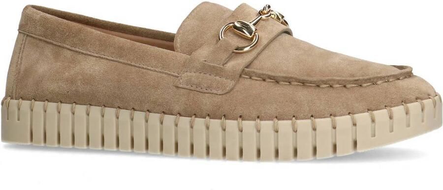 Manfield Dames Beige suède loafer met goudkleurig detail - Foto 3