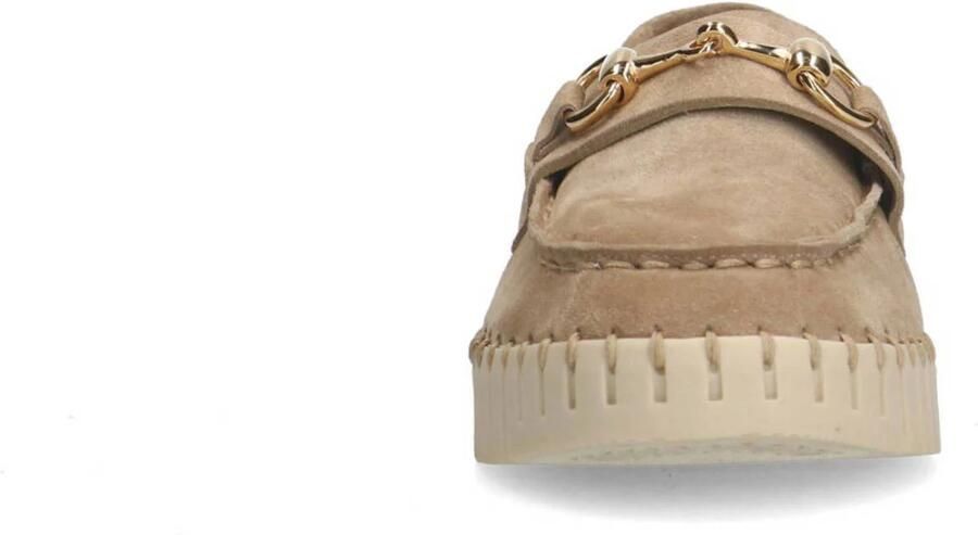 Manfield Dames Beige suède loafer met goudkleurig detail - Foto 2