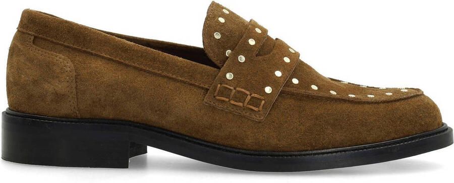 Manfield Dames Bruine suède loafers met goudkleurige studs - Foto 1