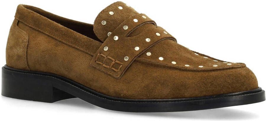 Manfield Dames Bruine suède loafers met goudkleurige studs