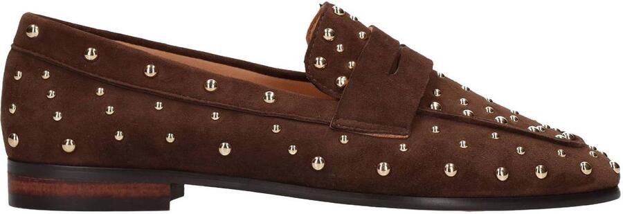 Manfield Dames Donkerbruine suède loafers met studs