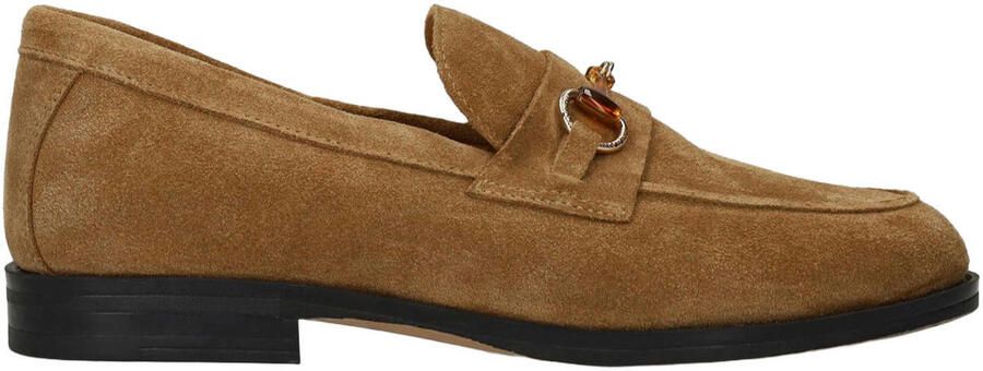 Manfield Dames Bruine suède loafers met goudkleurig detail