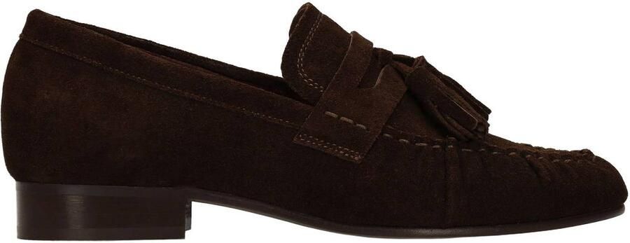 Manfield Dames Donkerbruine suède loafers met kwastjes