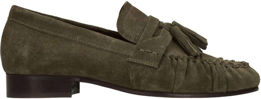 Manfield Dames Donkergroene suède loafers met kwastjes