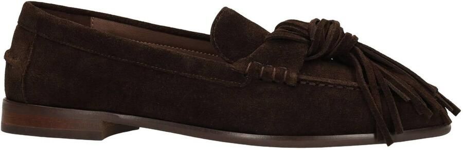 Manfield Dames Donkerbruine suède loafers met franjes