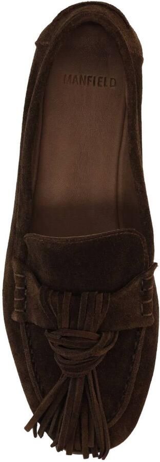 Manfield Dames Donkerbruine suède loafers met franjes - Foto 3