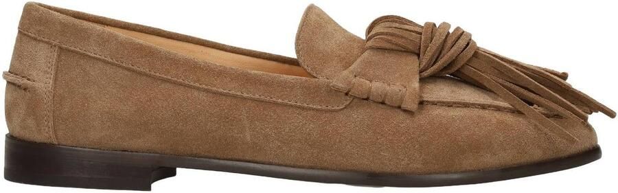 Manfield Dames Taupe suède loafers met franjes