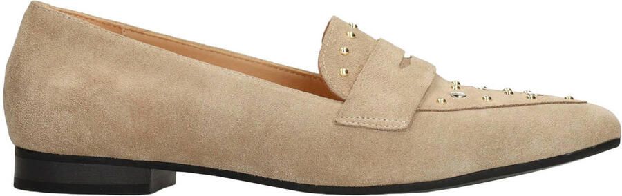 Manfield Dames Beige suède loafers met gouden studs