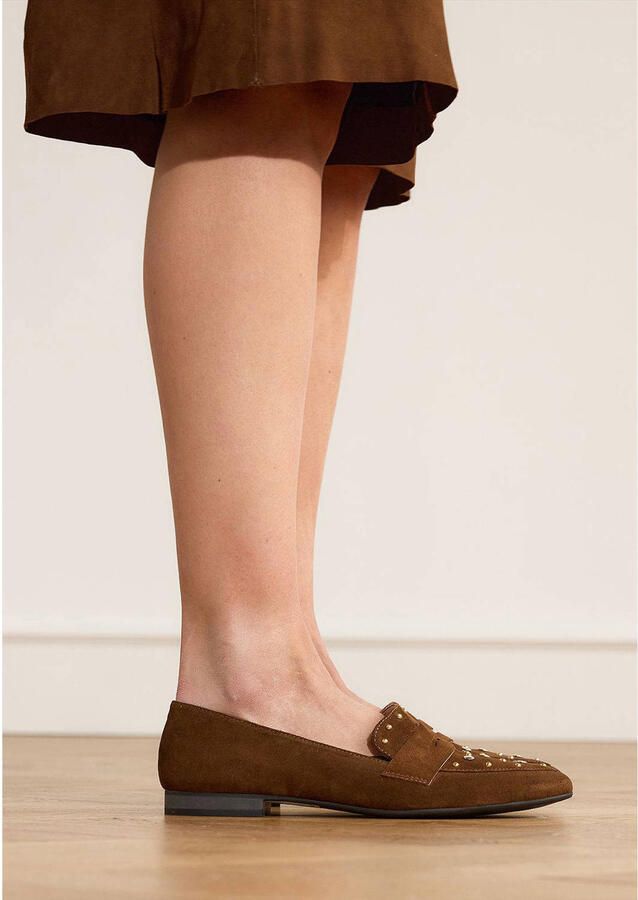Manfield Dames Donkerbruine suède loafers met gouden studs - Foto 3