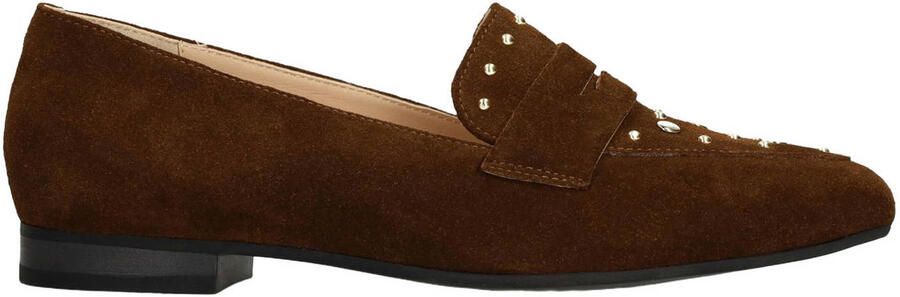 Manfield Dames Donkerbruine suède loafers met gouden studs