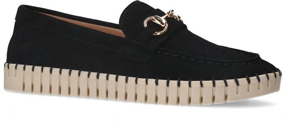 Manfield Dames Zwarte suède loafer met goudkleurig detail - Foto 3