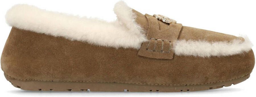 Manfield Dames Taupe suède pantoffels met bontrand