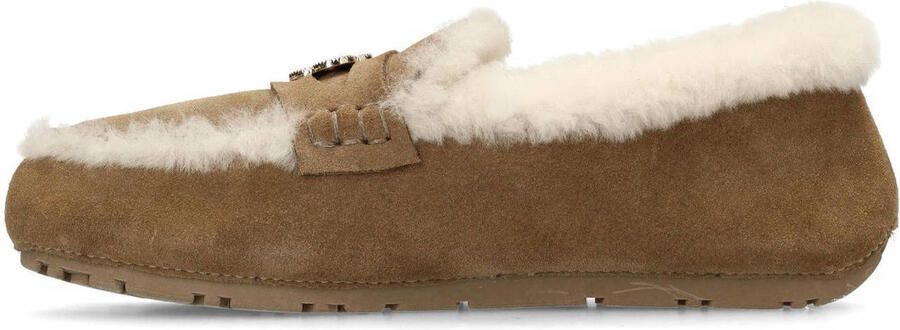 Manfield Dames Taupe suède pantoffels met bontrand - Foto 2
