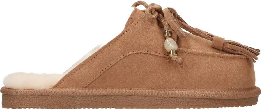 Manfield Dames Cognac suède pantoffels met bontvoering