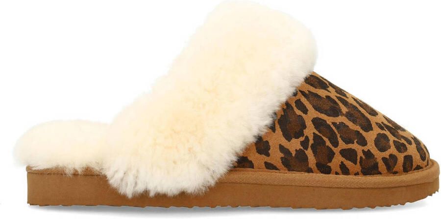 Manfield Dames Beige leopard pantoffels met bontvoering