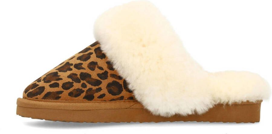 Manfield Dames Beige leopard pantoffels met bontvoering - Foto 2