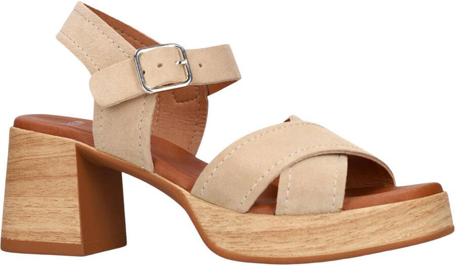Manfield Dames Beige suède sandalen met blokhak - Foto 2