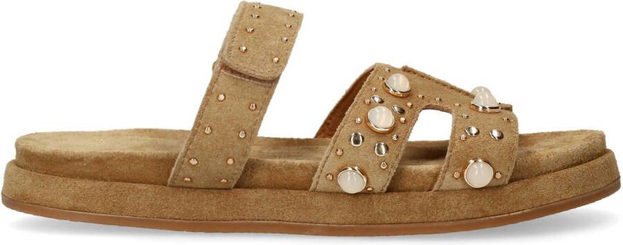 Manfield Dames Cognac suède slippers met bandje