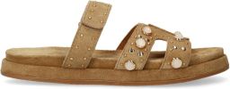 Manfield Dames Cognac suède slippers met bandje