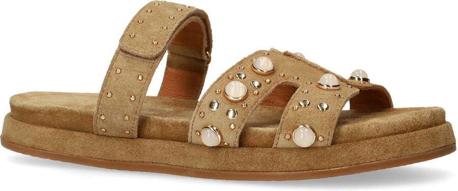 Manfield Dames Cognac suède slippers met bandje - Foto 3