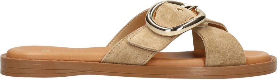 Manfield Dames Beige suède slippers met gouden gesp
