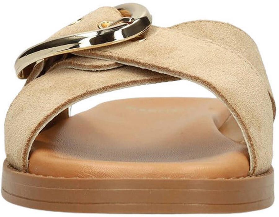 Manfield Dames Beige suède slippers met gouden gesp - Foto 2