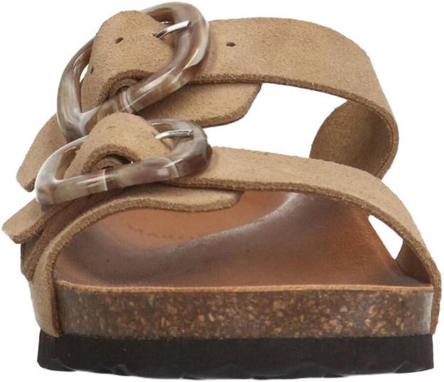 Manfield Dames Beige suède slippers met gesp