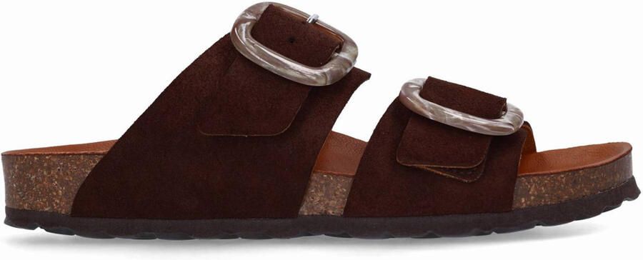 Manfield Dames Bruine suède slippers met gesp