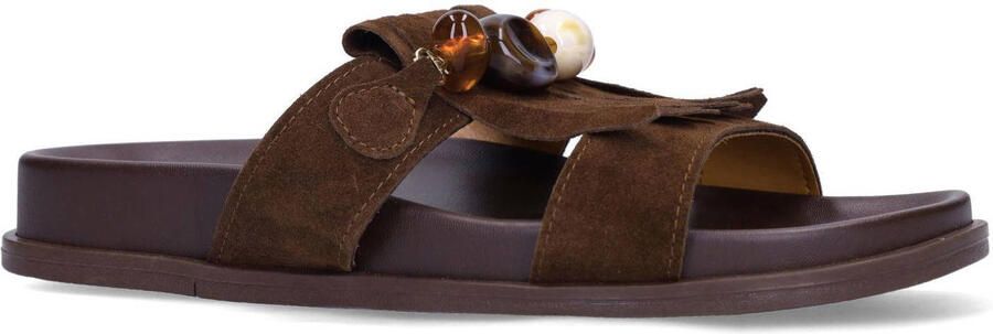 Manfield Dames Bruine suède sandalen met franjes en kralen - Foto 3