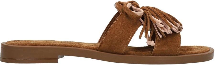 Manfield Dames Cognac suède slippers met franjes
